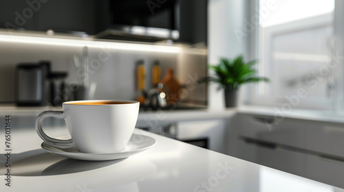 cup of coffee in white kitchen, Generative AI, © Milena