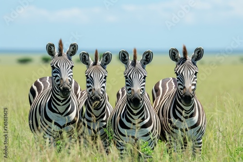 Striped African savannah low groups zebras. Herd of striped white and black herbivore animal. Generate ai