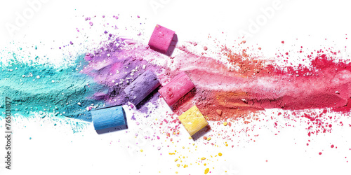 Colorful chalk pieces and dust flying, effect explode isolated on transparent png.
