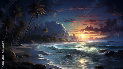 tropical beach landscape with sunset over the sea