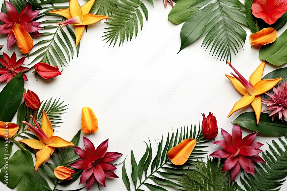 Frame with Exotic Flowers and Leaves on White Background. Copy Space for Text. Perfect for Summer Concept, Flower Patterns, Mock-Up, Wallpaper, and Advertising Banner or Poster. Frame with Exotic Flowers and Leaves on White Background. Copy Space for Text. Perfect for Summer Concept, Flower Patterns, Mock-Up, Wallpaper, and Advertising Banner or Poster.
