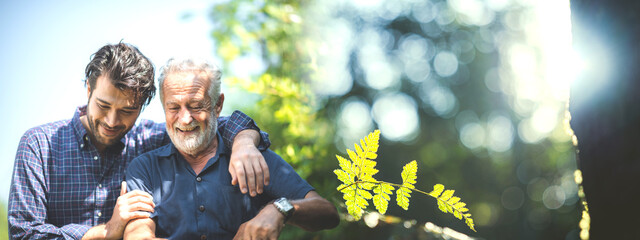 Adult hipster son fun hugging old senior father at home, two generations have a beard talking together and relaxing with smile, 2 man happy enjoy to living at home in father's day with love of family