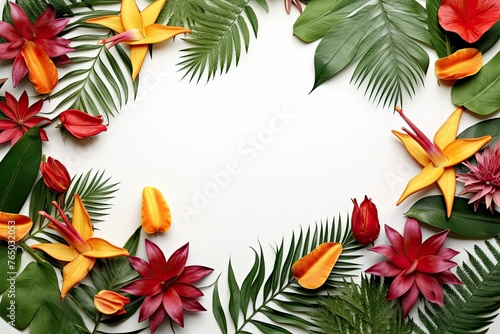 Frame with Exotic Flowers and Leaves on White Background. Copy Space for Text. Perfect for Summer Concept, Flower Patterns, Mock-Up, Wallpaper, and Advertising Banner or Poster.