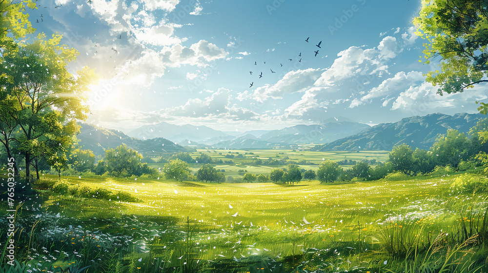 Spring style, Swallows, wills, blue sky, sunlight, soft and ethereal, detailed, miniature. AI generative Spring style, Swallows, wills, blue sky, sunlight, soft and ethereal, detailed, miniature. AI generative
