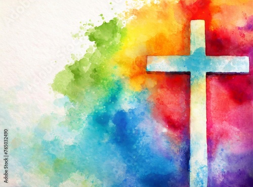 Christian cross on colorful watercolor style painting, copy space background, Christianity photo