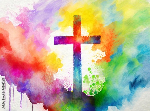 Christian cross on colorful watercolor style painting, copy space background, Christianity