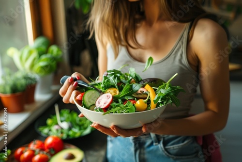 Fit woman eating healthy salad after working out at home, Generative AI