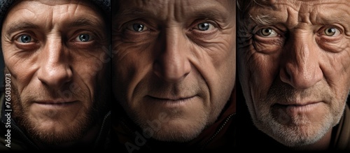 Close-up of the three men's faces during a dramatic moment in a film, showing their expressions and emotions