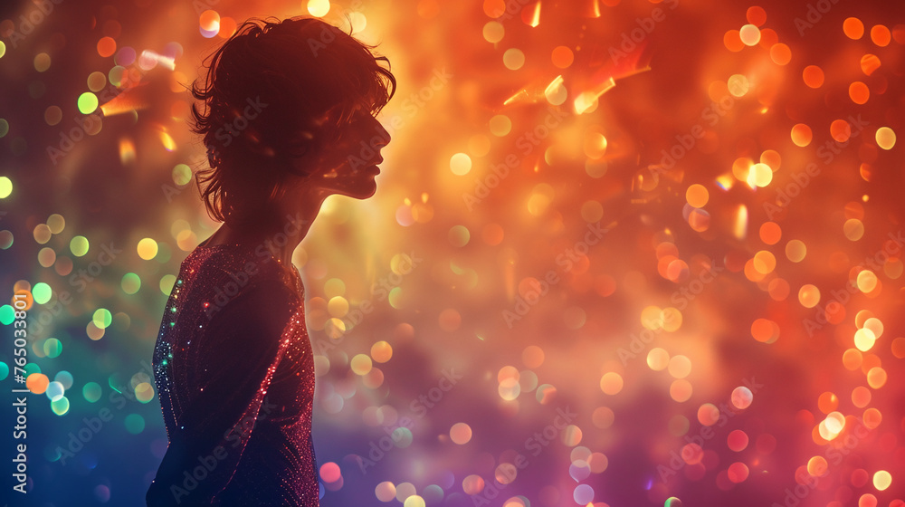 Silhouette of a dancer wearing pants in front of a multi color sparkly background. AI generative Silhouette of a dancer wearing pants in front of a multi color sparkly background. AI generative