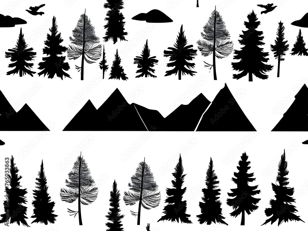 Fototapeta premium Black silhouette of mountains and fir trees camping adventure wildlife landscape panorama illustration icon vector for logo, isolated on white background (generative AI)