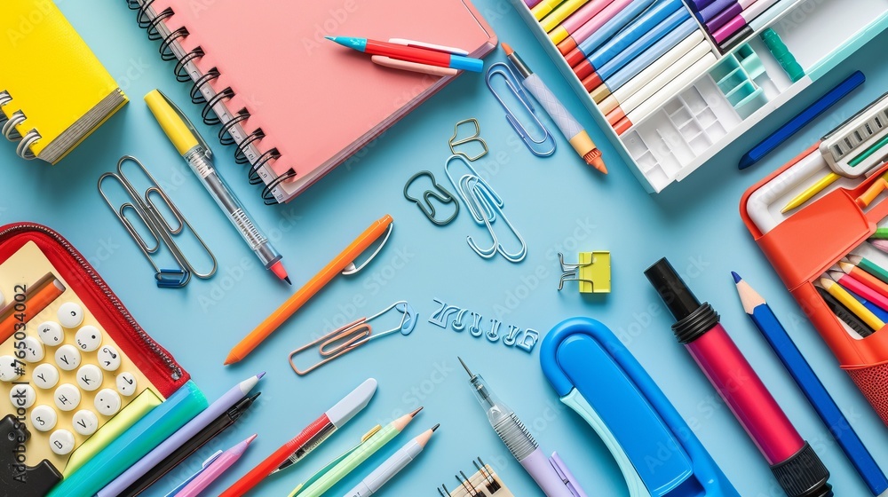 Assorted school office supplies arranged neatly on desk: pens, notebooks, stapler, and more Assorted school office supplies arranged neatly on desk: pens, notebooks, stapler, and more