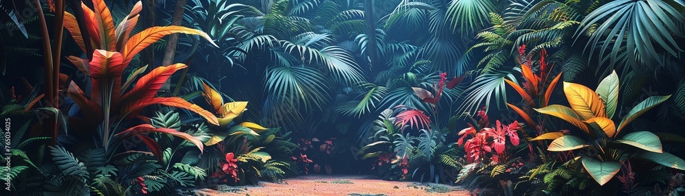 Naklejka premium Exotic plant illustrations, pastel shades, ground level, serene light, rich textures