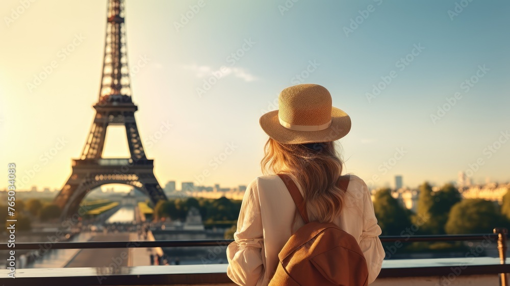 Fototapeta Woman with Backpack and Stylish Hat Posing in Front of Paris Eiffel Tower. World Travel Concept. Perfect for Celebrating Woman's Day, Birthdays, Valentine's Day, Banner or Poster.