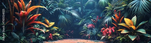 Exotic plant illustrations, pastel shades, ground level, serene light, rich textures