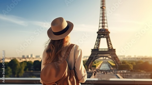 Woman with Backpack and Stylish Hat Posing in Front of Paris Eiffel Tower. World Travel Concept. Perfect for Celebrating Woman's Day, Birthdays, Valentine's Day, Banner or Poster. © RBGallery