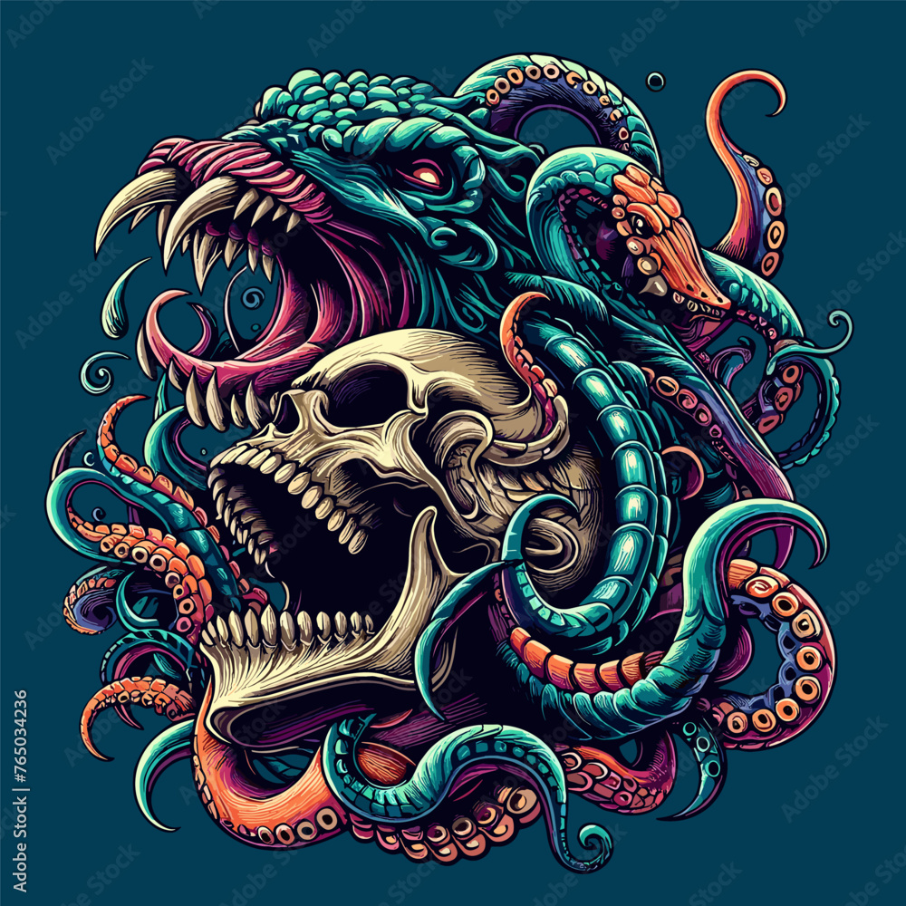 Fototapeta premium monster beast kraken octopus screaming with skull head