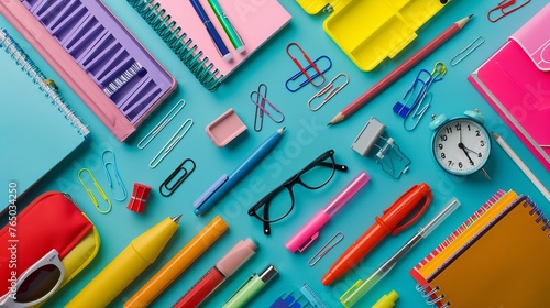 Assorted school office supplies arranged neatly on desk: pens, notebooks, stapler, and more photo