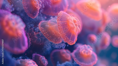 A mesmerizing close-up of jellyfish with delicate, glowing bodies, creating an ethereal underwater dance suitable for marine life documentaries.