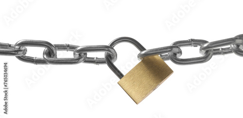Steel padlock and chain isolated on white