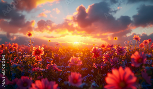 sunset flower field, dusky colors, shafts of sunlight. AI generative