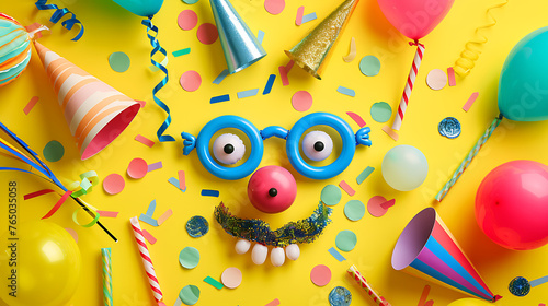 Aprill Fools Day, Colorful Fools Day or birthday party background with streamers, confetti and funny faces formed from bow tie, hat, eyeglasses and lips