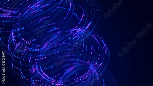 Abstract wave of dynamic particles. Vortex with shimmering glowing dots. Big data visualization. Digital futuristic technology background. 3d rendering.