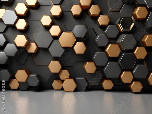 Abstract futuristic luxurious digital geometric technology hexagon background banner illustration 3d - Glowing gold, brown, gray and black hexagonal 3d shape texture wall (Generative Ai)