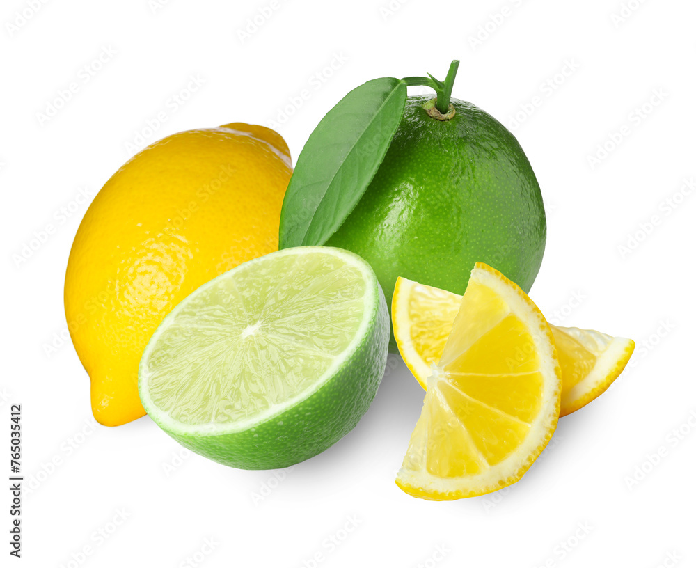 Citrus fruits. Fresh lemons and limes on white background