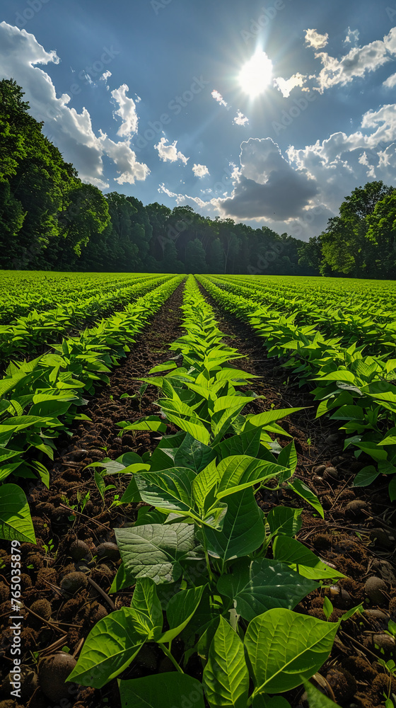 Under the blue sky and white clouds, there are endless soybean fields. AI generative
