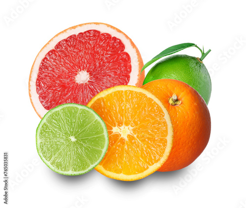 Citrus fruits. Fresh grapefruit, oranges and limes on white background