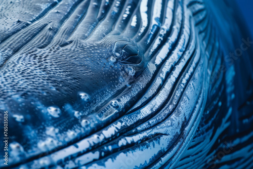The image is of a whale's head, with a blue and white color scheme