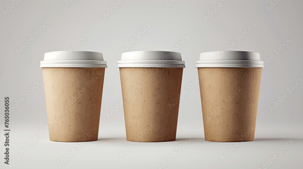 Three blank brown paper cups with white lids, perfect for brand design. Mockup Three blank brown paper cups with white lids, perfect for brand design. Mockup