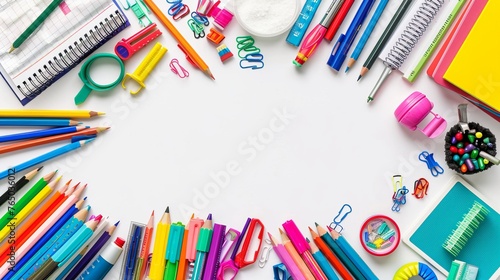 Colorful school supplies double side border isolated on white background with copy space - back to school concept, education supplies for students and teachers, top view composition