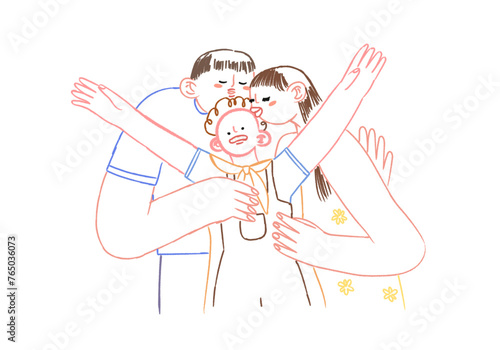 Special needs child hugging with his parents. Autistic spectrum child having fun with family vector illustration. cute loved kid with his mother and father smiling in crayon outline primitive style.