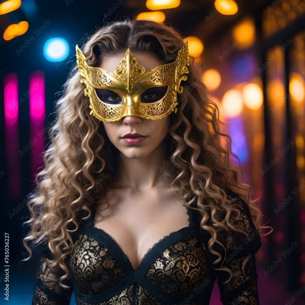 Caucasian woman around an ornate golden
mask and a black lace dress
