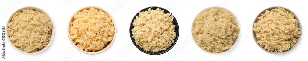 Tasty quinoa porridge in bowls isolated on white, top view Tasty quinoa porridge in bowls isolated on white, top view