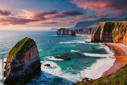 A panoramic view of a rugged coastline, with towering cliffs plunging into the sea below and a dramatic sky painted with hues of pink and orange.