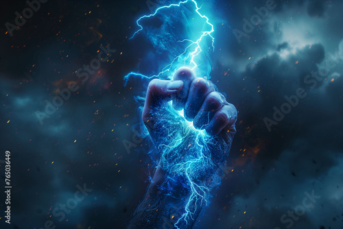 Harnessing Power: Hand Holding Lightning Bolt with Stormy Background and Blue Glow, Inspired by Zeus and Thor