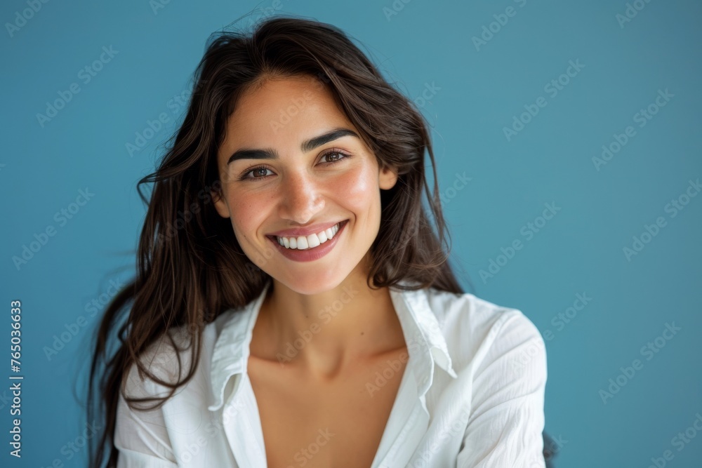 woman smiling using laptop device isolated on blue background studio Business showing banner click on link woman smiling using laptop device isolated on blue background studio Business showing banner click on link