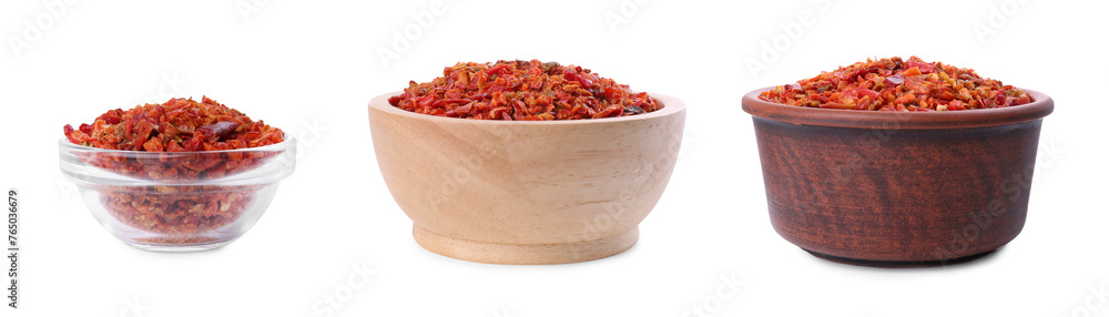 Aromatic spices. Red chili pepper flakes in bowls on white background, set Aromatic spices. Red chili pepper flakes in bowls on white background, set