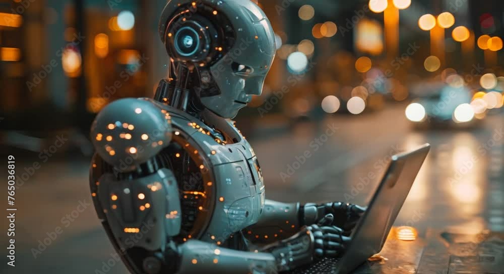 A robot is sitting on a table and using a laptop A robot is sitting on a table and using a laptop