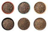 Raw lentils in bowls on white background, top view