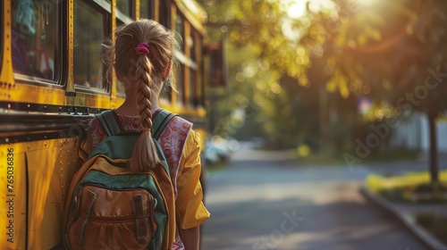Schoolgirl eagerly waits at bus stop, backpack slung over shoulder, morning sunlight casting soft glow, urban setting
 photo