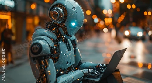 A robot is sitting on a table and using a laptop. The robot is wearing a suit and has a human-like face. The scene is set in a city at night, with lights and cars in the background photo
