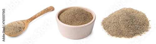 Aromatic spices. Ground black pepper on white background, set