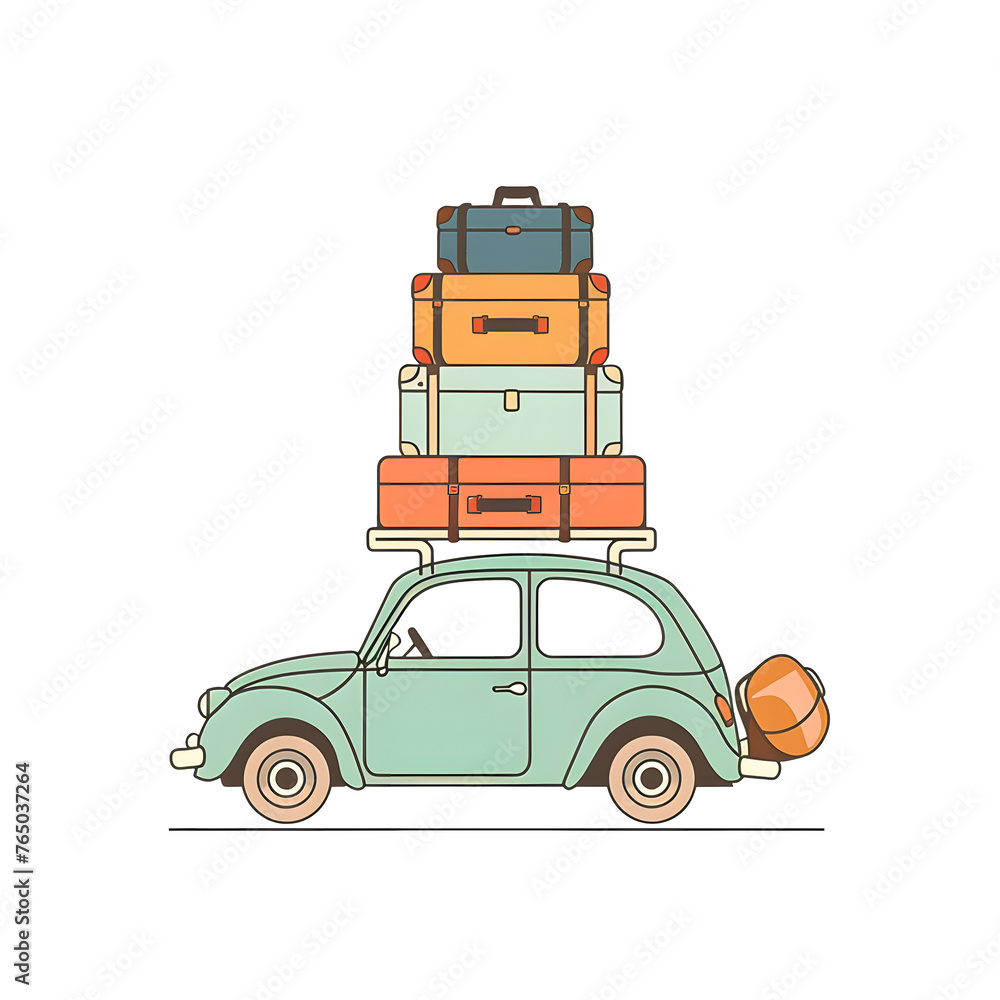 car with surfboard, suitcases and palms, Summer vacation travel concept car with surfboard, suitcases and palms, Summer vacation travel concept