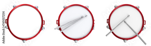 Bright toy drums and sticks on white background, top view