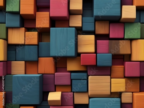 Abstract geometric rainbow colors colored 3d wooden square cubes texture wall background banner panorama long, textured wood wallpaper(Generative Ai)