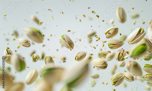 pistachios floating in the air on the white background. © Lucianastudio