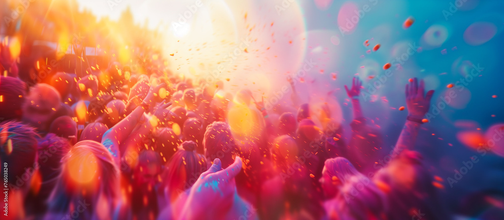 crowded blurred people with colorful holi powder - obrazy, fototapety, plakaty 